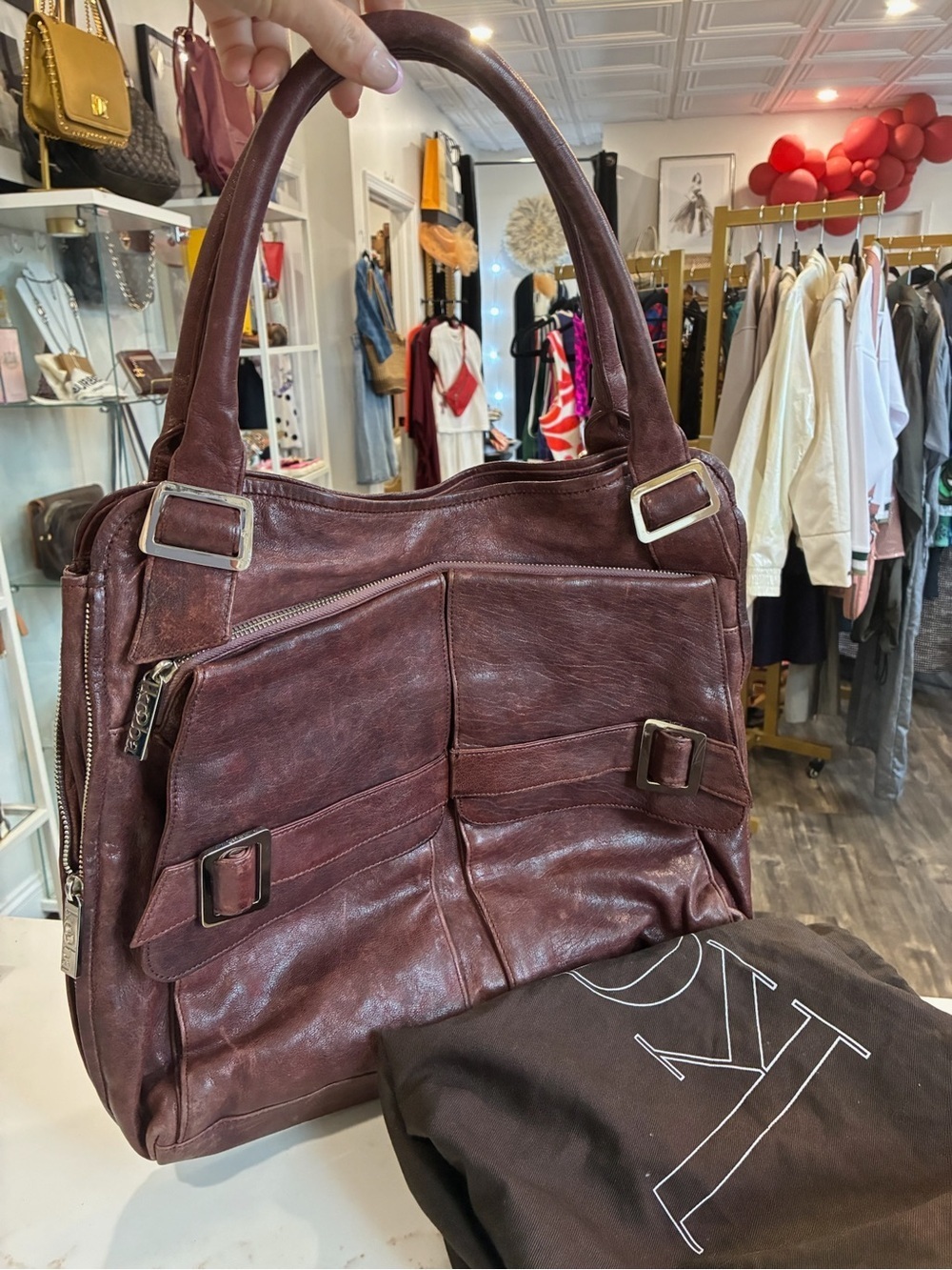 Kooba Leather Messenger Tote in Deep Wine Brown